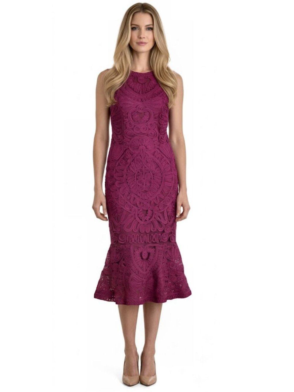 JS Collections Embroidered Soutache Midi Dress, Berry, Womens Size 2